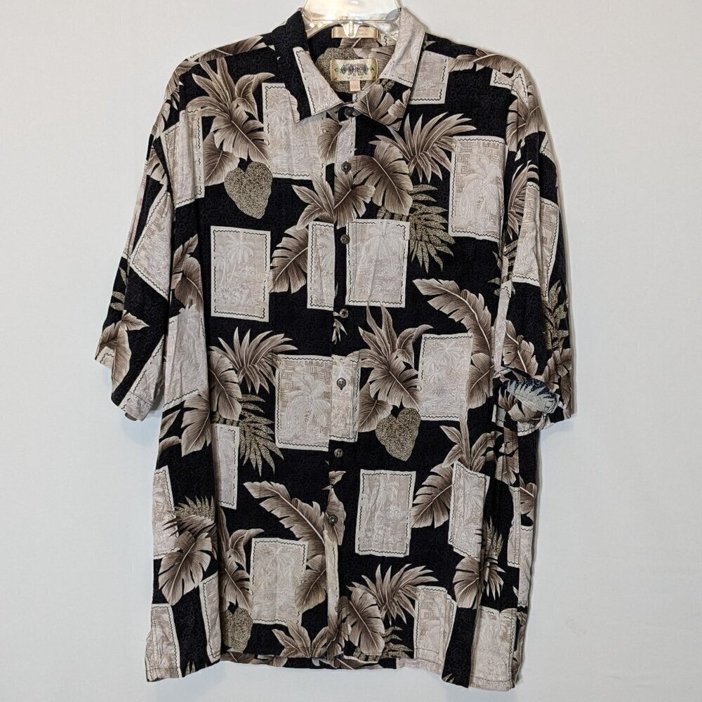 CAMPIA MODA Tan Beige Brown Short Sleeve Tropical Button Shirt; Size XXL